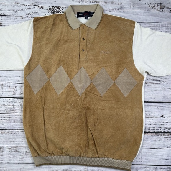 Phat Farm Other - VTG Phat Farm Shirt Men's XL Beige Y2K Suede Button Knit Polo Unc Argyle Leather